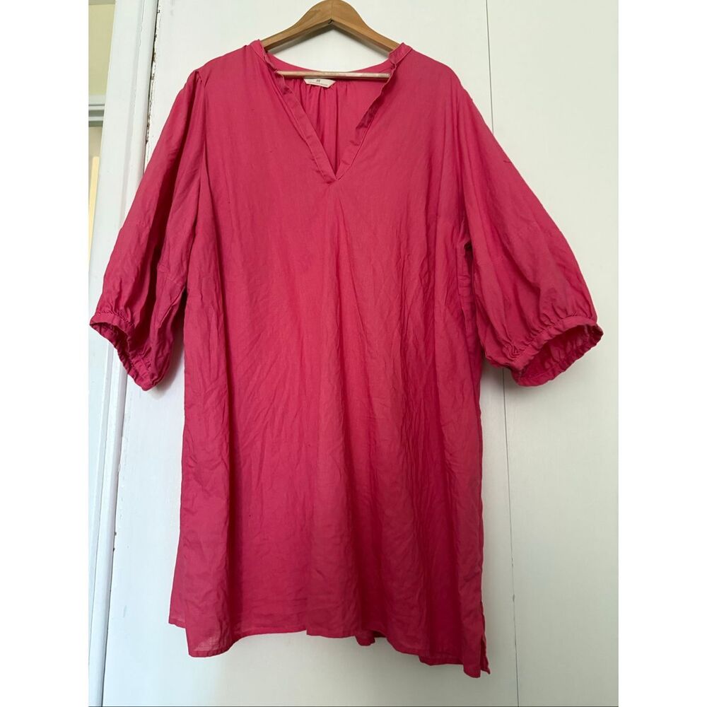 H&M Linen Blend Pink V-Neck Balloon Sleeve Tunic Dress Women’s XL - Picture 2 of 11